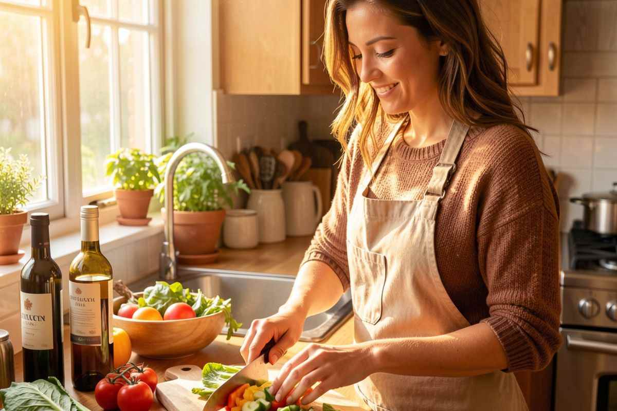 donna in cucina e bottiglie alcol vicino