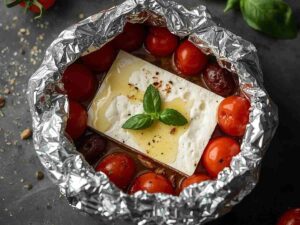 una feta dentro un cartoccio con pomodorini