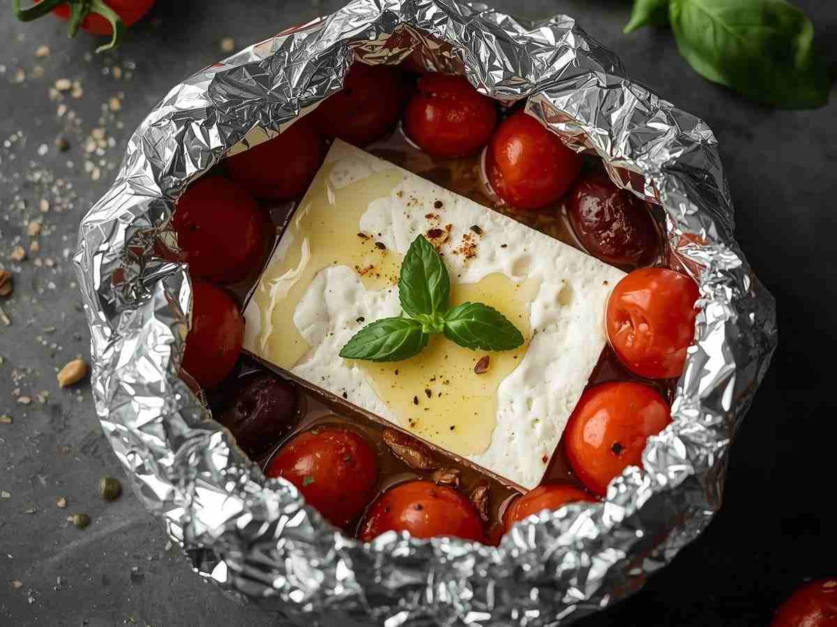 una feta dentro un cartoccio con pomodorini